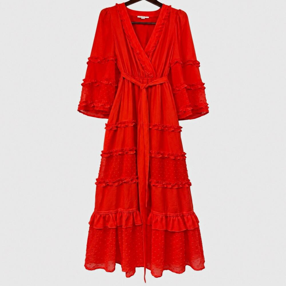 Alexis for Target S Red Orange Maxi Dress Ruffle Bell Sleeve Swiss Dot Boho
